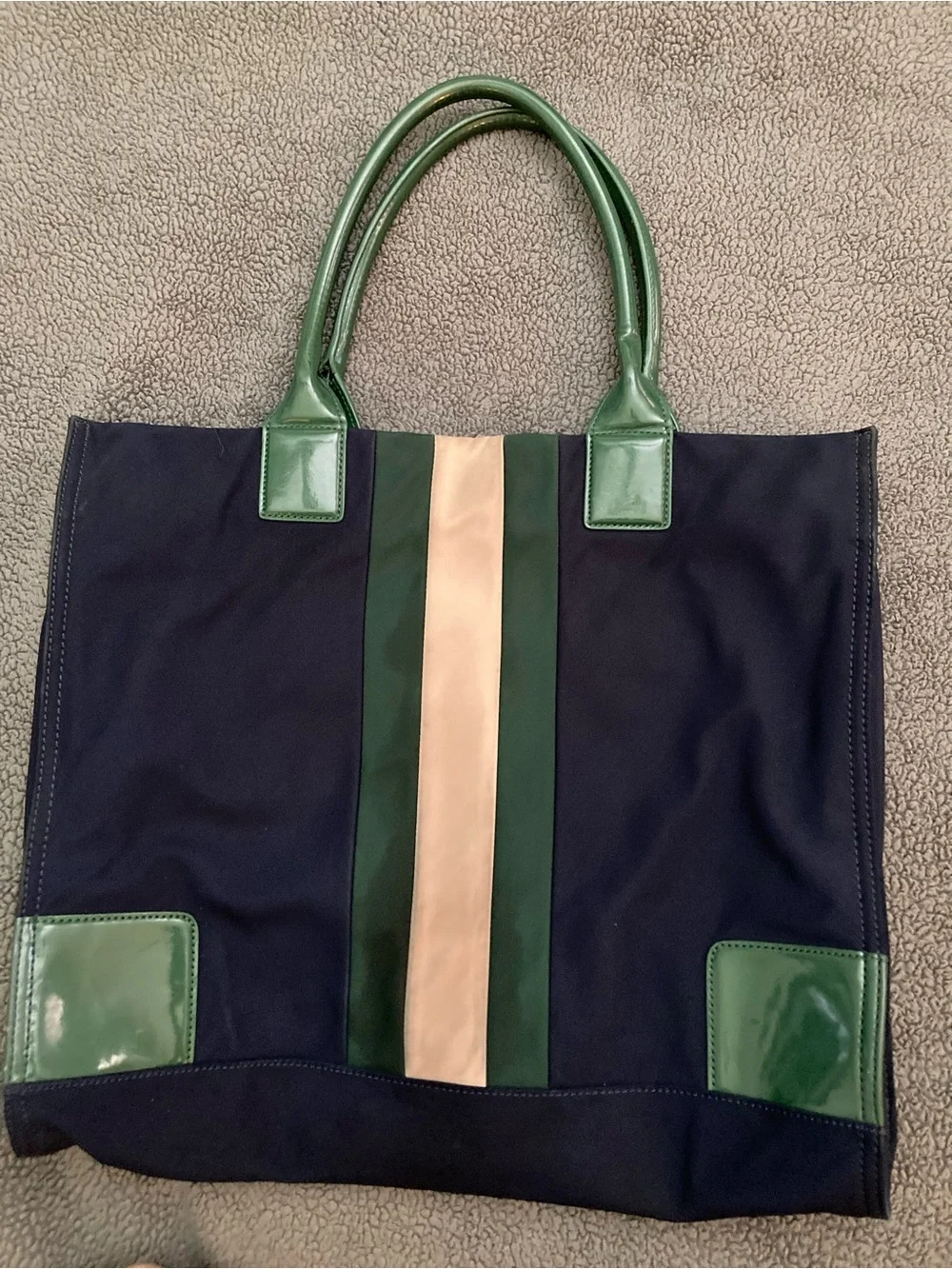 Tory Burch Navy Canvas Tote with Green and Beige Stripe